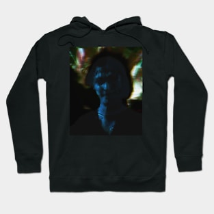 Portrait, digital collage and special processing. Man, like in night dreams. Demon. Blue and colorful background. Hoodie